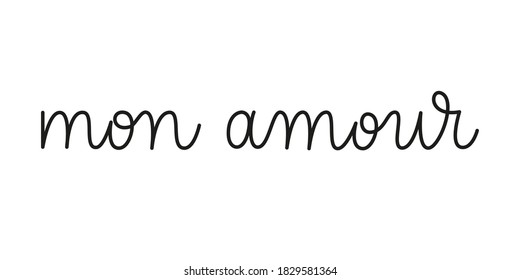 Mon amour mi amor en francia french, escrito a mano por una línea. Elemento de texto vectorial de monolina aislado en fondo blanco. Inscripción simple