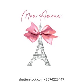 Mon Amour (My Love) Slogan with Eiffel Tower Illustration, Vector Design