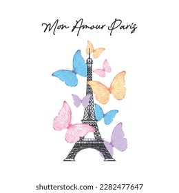 Mon Amour Paris (My Love Paris auf Französisch) Slogan mit Aquarellschmetterlingen und Eiffelturmgrafik, Vektordesign