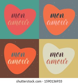 Mon amour vector calligraphy text with romantic heart decor, in four variation of trend colors