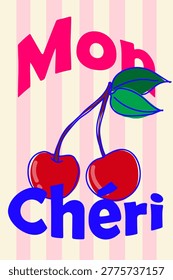 Mon Cheri Retro Typography Poster Pink Striped Wall Art Cherry Vector