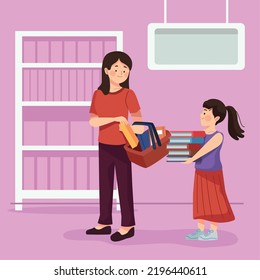 mon and daughter buying school supplies characters
