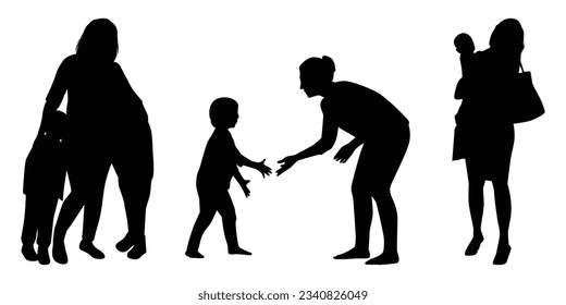 Mon and Son or Mother and Son Black Silhouettes Vector illustration