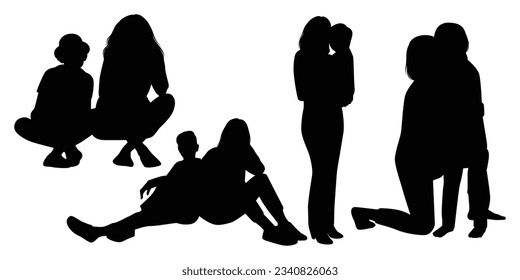 Mon and Son or Mother and Son Black Silhouettes Vector illustration
