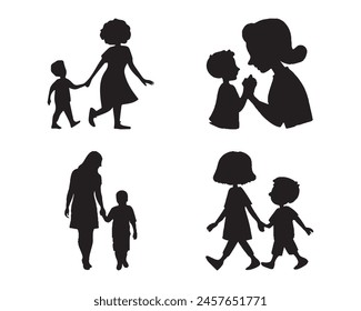 Mon and Son or Mother and Son Black Silhouettes Vector illustration. Happy Mother's Day concept