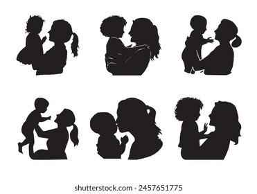 Mon and Son or Mother and Son Black Silhouettes Vector illustration. Happy Mother's Day concept