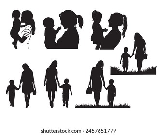 Mon and Son or Mother and Son Black Silhouettes Vector illustration. Happy Mother's Day concept