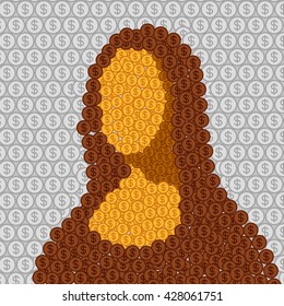 Mona Lisa abstract vector illustration. Faceless famous Leonadro da Vinci flat style portrait creative version arranged from coins on coin background.