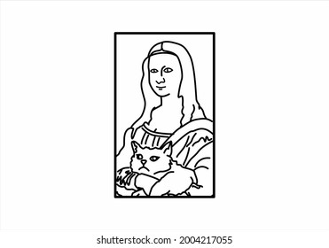 Mona Lisa with the cat, Leonardo da Vinci abstract vector illustration line art vector.
for printing, t-shirt design, icon.