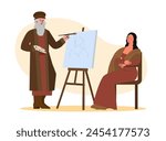 Mona Lisa drawing process. Leonardo da Vinci stands with brushes and canvas and sketches model. Creativity and art object. Famous medieval artists. Cartoon flat vector illustration