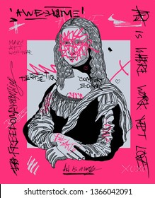 Mona Lisa - Gioconda. Afiche moderno de caligrafía rosa creativa. Diseño de camisetas