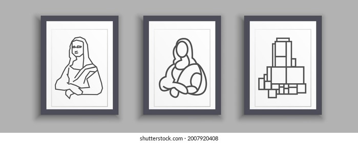 Mona Lisa graphic illustration posters. Line drawings of Mona Lisa painting in three forms.