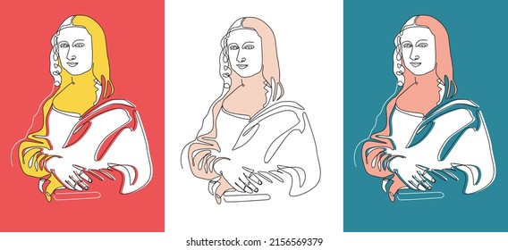 Mona Lisa "La Joconde"Contemporary Hand drawn Vector illustrations. Continuous line, minimalistic elegant concept. All elements are isolated.abstract shapes. Ink painting style. line art drawing