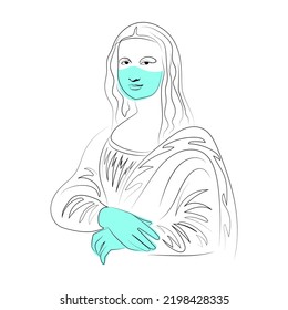 Mona Lisa line art, color spot, covid, mask, quarantine, abstraction, blue, pink, purple