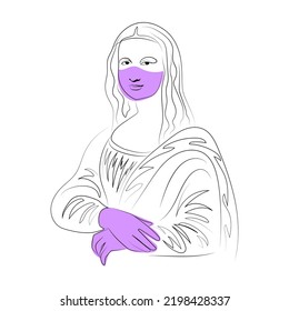 Mona Lisa line art, color spot, covid, mask, quarantine, abstraction, blue, pink, purple