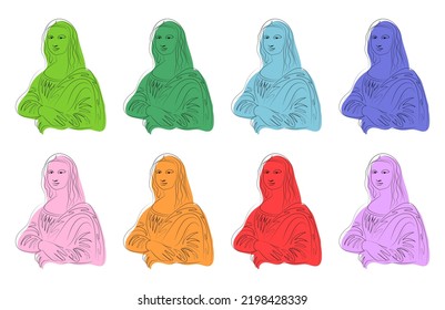 Mona Lisa line art, color spot, minimalism, abstraction, green, red, blue, pink, orange