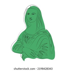 Mona Lisa line art, color spot, minimalism, abstraction, green, red, blue, pink, orange