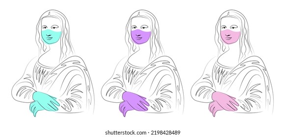 Mona Lisa line art, color spot, covid, mask, quarantine, abstraction, blue, pink, purple