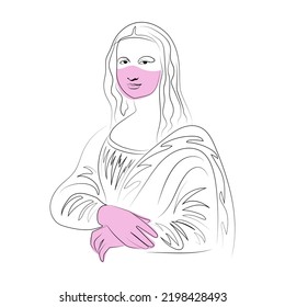 Mona Lisa line art, color spot, covid, mask, quarantine, abstraction, blue, pink, purple