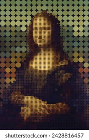 Mona Lisa made with digital dots. Mona Lisa in circle art. Leonardo da Vinci's famous painting vector illustration.