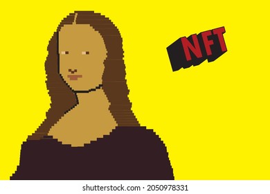 Mona lisa NFT blockchain, non fungible token. Pixel art character