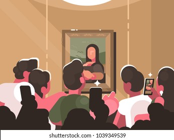 Pintura de la Mona Lisa en exhibición en la galería de fotos. Grupo de visitantes fotografiando una obra de arte. Ilustración vectorial