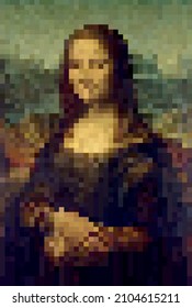 Mona Lisa Pixel Art. Abstract Painting. Crypto Art - Art Piece And Artwork As Digital Pixelated Canvas. Vector Illustration.