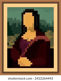 Mona Lisa pixel art. Abstract painting. Crypto art - art piece and artwork as digital pixelated canvas. Vector illustration.