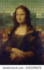 Mona Lisa pixel art portrait, Leonardo da Vinci's famous painting Mona Lisa in pixel style, Vector Illustration.