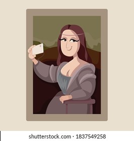 Mona Lisa Taking a Smartphone Selfie Vector Cartoon. Famous Renascence diva muse being narcissistic and vain
