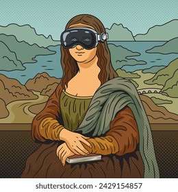 Mona Lisa in virtual reality glasses. Cartoon pop art comic book style. Conceptual hand drawn. Vector illustration