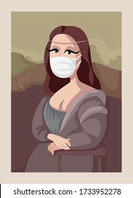 Mona Lisa Wearing Medical Face Mask in the Museum. Gioconda in pandemic times engaging in social distancing
