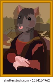 Mona Lisa as a Young Rat with pastoral background. Vector illustration