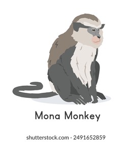 Vektorillustration eines Affen-Cartoon-Clipart-Charakter, Tier im flachen Stil. Wilde Tiere, wilde Wesen, Wildtierkonzept. Mona Monkey Vektorgrafik Design isoliert auf weißem Hintergrund