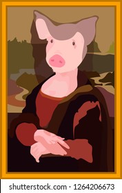 Mona (Piggy) Lisa with pastoral background. Vector illustration