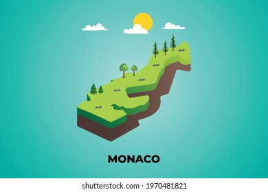 Monaco 3d isometric map with topographic details mountains, trees and soil vector illustration design