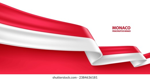 Bandera de la cinta 3D de Mónaco. Bent ondeando la bandera 3D en colores de la bandera nacional del Principado de Mónaco. Diseño de fondo de la bandera nacional.