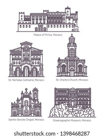 Monaco architecture landmarks in thin line. Isolated building of oceanographic museum, Saint Charles church and St. Nicholas cathedral, Sainte Devote chapel, Princes Palace. Monte Carlo architecture