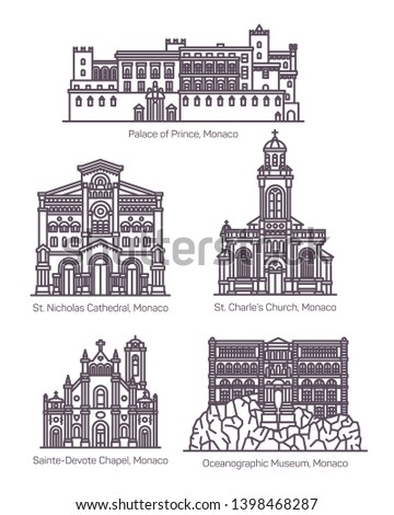 Monaco architecture landmarks in thin line. Isolated building of oceanographic museum, Saint Charles church and St. Nicholas cathedral, Sainte Devote chapel, Princes Palace. Monte Carlo architecture