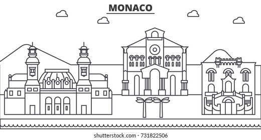 Monaco architecture line skyline illustration. Linear vector cityscape with famous landmarks, city sights, design icons. Landscape wtih editable strokes