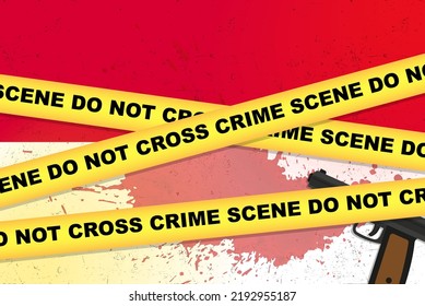 Monaco-bewaffneter Angriff, Vektorbanner, Shooting-Konzept, bewaffneter Angriff mit Gewehr- und Blutfleck auf der Flagge von Monaco, gelbe Polizei-Band, Komposition der Kriminalszene, Draufsicht, flaches Design