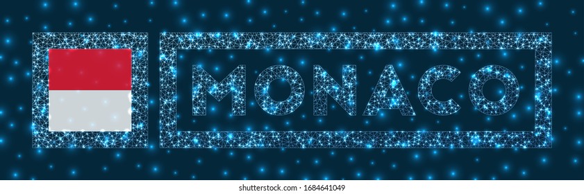 Monaco badge. Flag of Monaco in glowing network geometric style. Astonishing vector illustration.