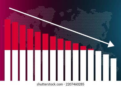 Monaco bar chart graph, decreasing values, crisis and downgrade concept, Monaco flag on bar graph, down arrow on data, news banner idea, fail and decrease, financial statistic