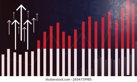 Gráfico de gráfico de barras de Mônaco, valores crescentes, conceito de estatísticas do país, bandeira do país de Mônaco no gráfico de barras, seta ascendente sobre os dados, ideia de banner de notícias