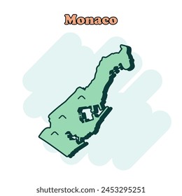Icono de mapa en colores de dibujos animados de Mónaco en estilo cómico. Pictograma de ilustración de Country. Concepto de cómic de geografía nacional.