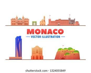 Monaco city skyline with panorama on white background. Vector Illustration. Business travel and tourism concept with old buildings. Image for presentation, banner, web site.