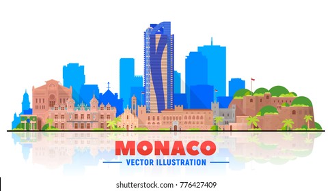 Monaco city skyline with panorama on white background. Vector Illustration. Business travel and tourism concept with old buildings. Image for presentation, banner, web site.