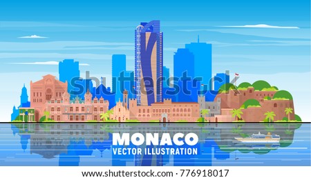 Monaco city skyline with panorama on white background. Vector Illustration. Business travel and tourism concept with old buildings. Image for presentation, banner, web site.