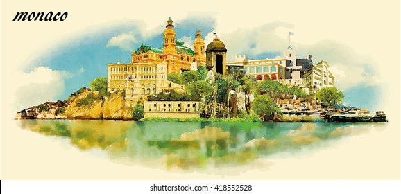 MONACO city water color panoramic vector illustration