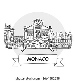 Monaco Cityscape Vector Sign. Line Art Illustration with Ribbon and Title.